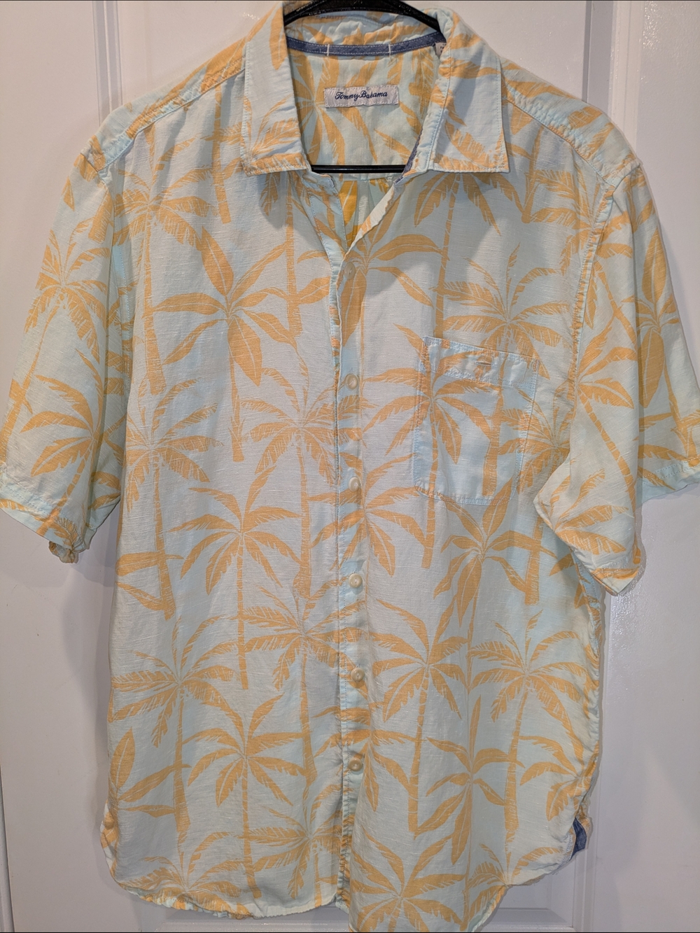 Tommy Bahama Linen Blend Palm Tree Shirt Mens Large Blue Orange Tropical Camp
